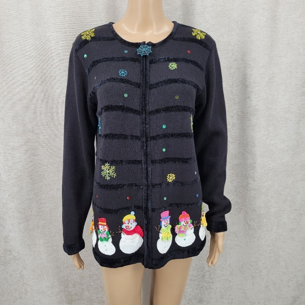 Quacker Factory Festive Black Snowman Sweater Chenille Knit Full Zip Cardigan